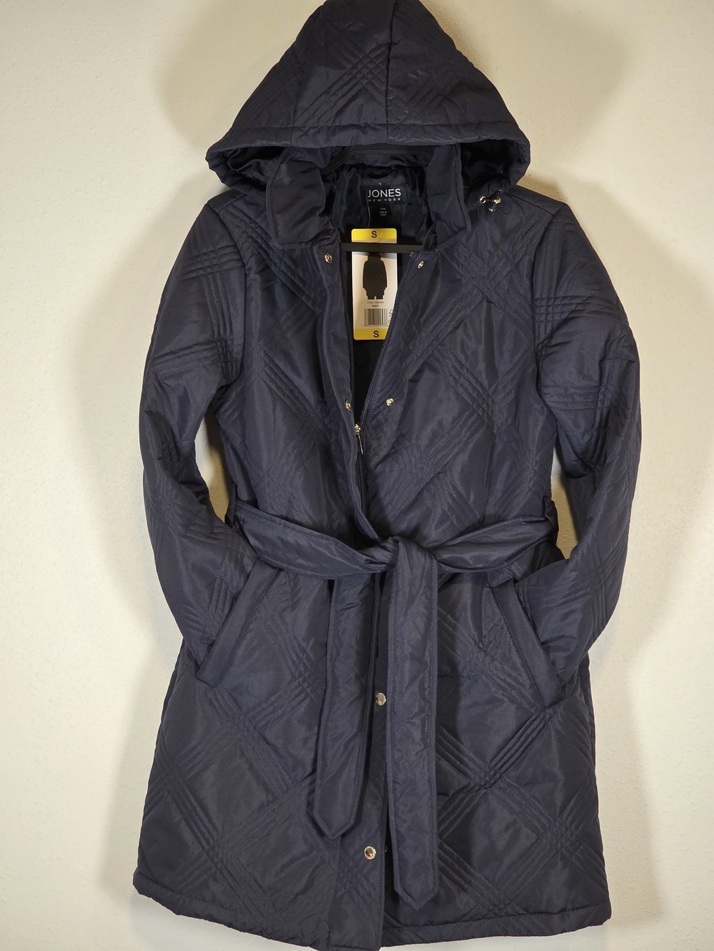 Jones New York Navy Quilted Hooded Belted Puffer Coat